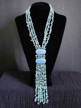 Vintage 90s Aquamarine & Blue Quartz Statement Y-Necklace Fringe Bohemian